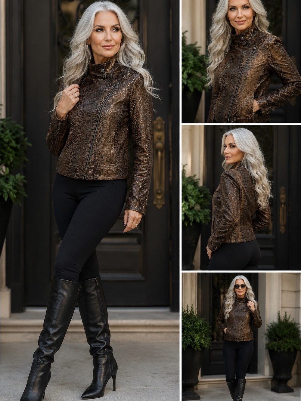 Landi Italy Oregon Python-Embossed Leather Moto Jacket Brown IT 42 US 6 - Picture 5 of 9
